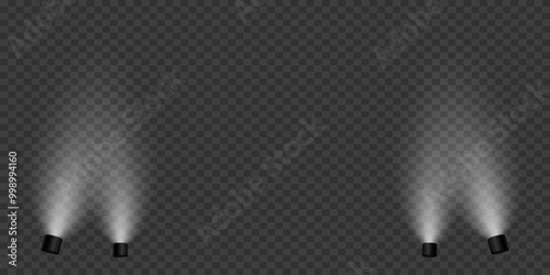 Stage lighting from below. Glowing spotlights and lamp. On a transparent background.