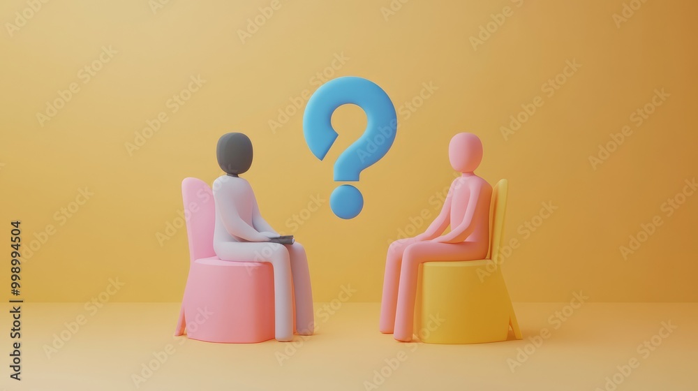Two 3D figures sitting facing each other with a question mark above them on a yellow background.