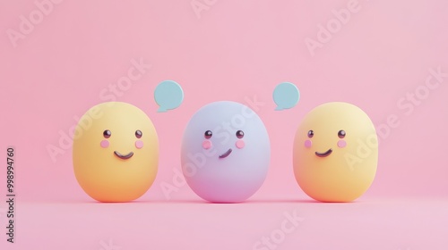 Three cute 3D characters with speech bubbles, a yellow, purple, and yellow, on a pink background.