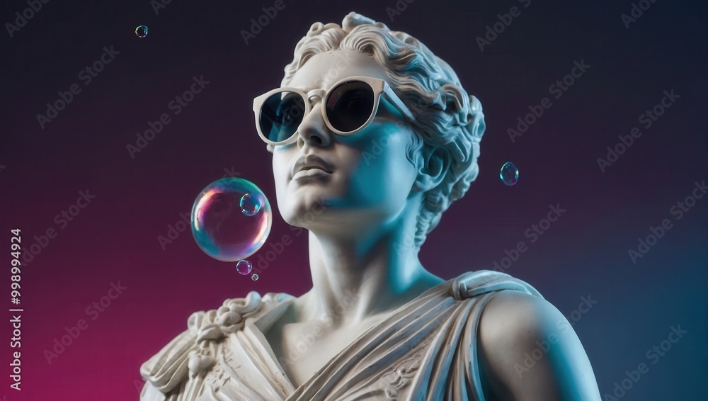 Naklejka premium Classical statue with sunglasses and floating bubbles