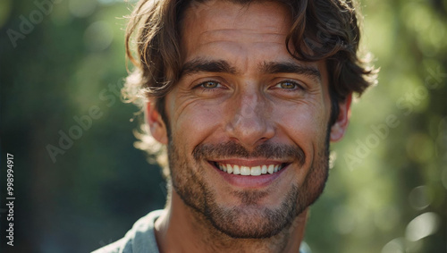 Portrait of outdoors man, portrait of a handsome man, naturally beautiful man smiling at camera