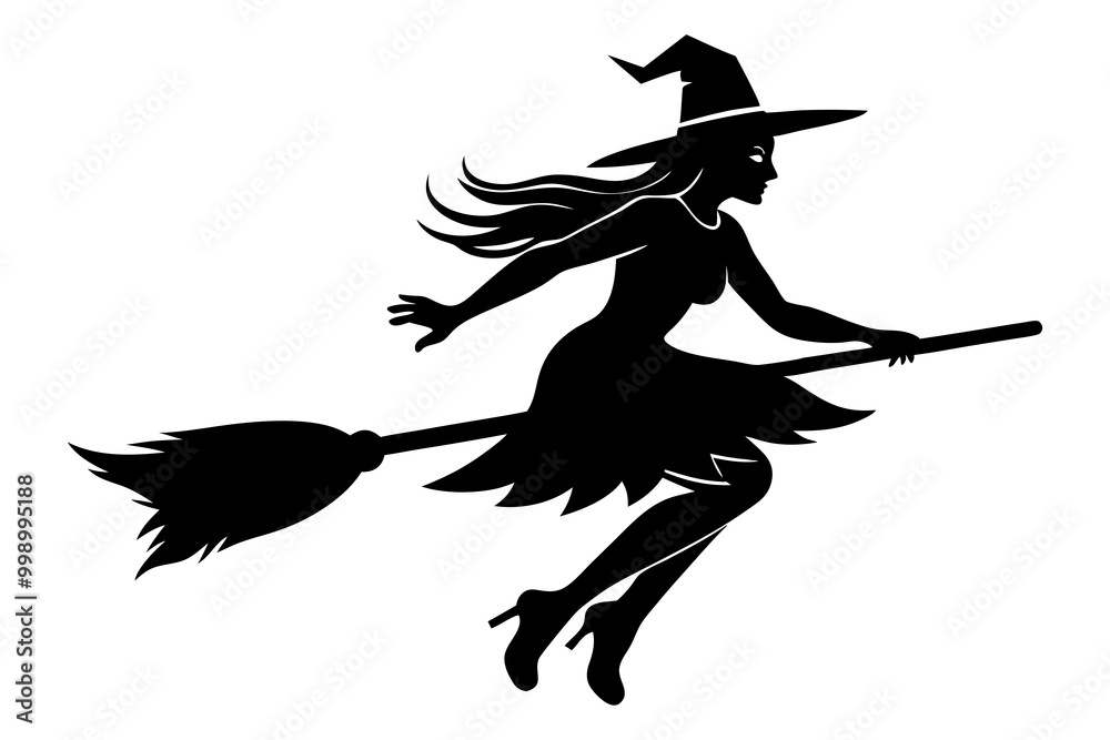Fototapeta premium Halloween witch flying on broom. Color and black white vector illustration for coloring book with example in color