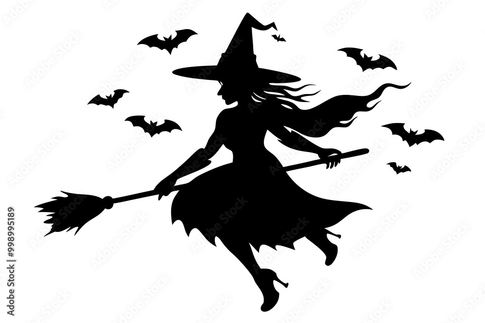 Fototapeta premium Halloween witch flying on broom. Color and black white vector illustration for coloring book with example in color