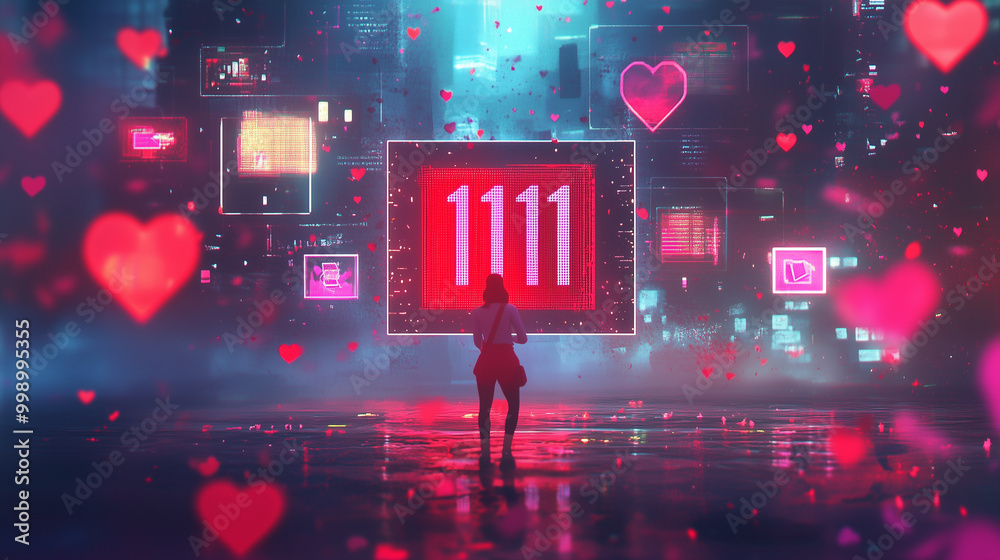 Obraz premium Vibrant digital celebration of Single's Day on 11.11 with glowing hearts and neon numbers