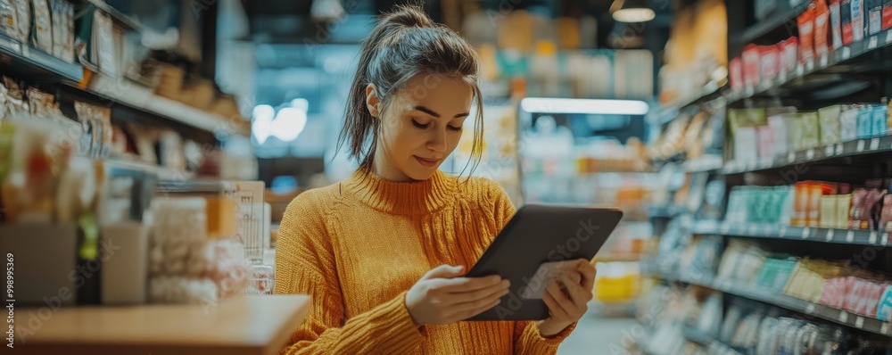 Woman using digital tablet in grocery store