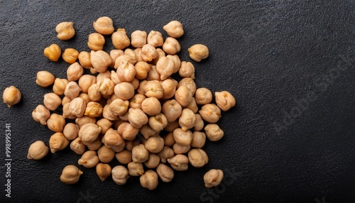 A pile of freshly cooked chickpeas on a black surface, top view with space for copying text 