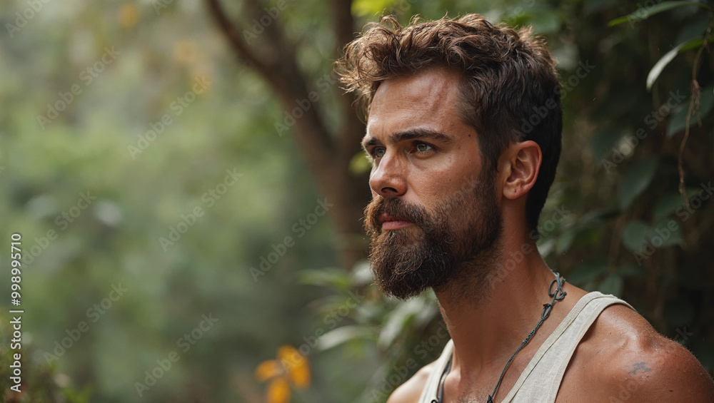 Portrait of outdoors man, portrait of a handsome man, naturally beautiful man, man with long hair and beard, rugged outdoorsy man
