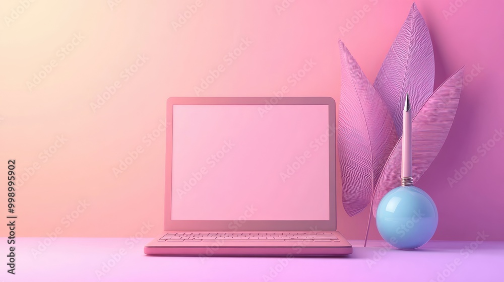 Pink laptop computer mockup with blank screen on desk with pastel pink and blue decor and feathers. Pink laptop computer mockup with blank screen on desk with pastel pink and blue decor and feathers.