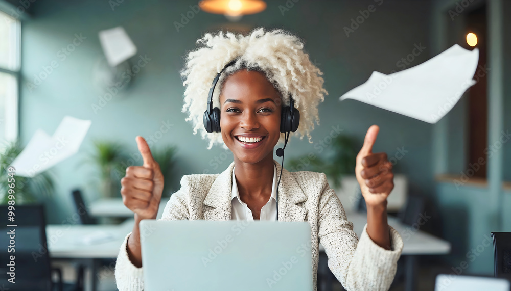 Portrait of beautiful black woman with white afro hairstyle, working in office with head set and laptop, , thumbs up gesture, business people