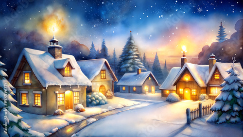 festive snow-covered village at night with warm glowing lights, Christmas, New Year