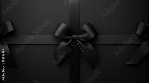 Black gift box with elegant bow on dark background