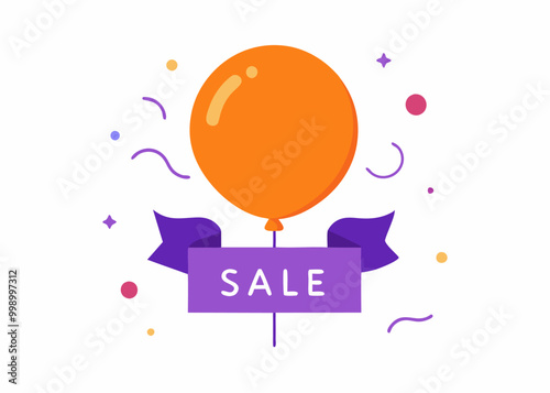 A colorful illustration of an orange balloon with a purple ribbon that reads "SALE."  The balloon is surrounded by confetti, making it a perfect visual for celebrating a promotion or discount.