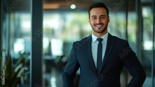 Confident businessman in a suit standing in a modern office environment