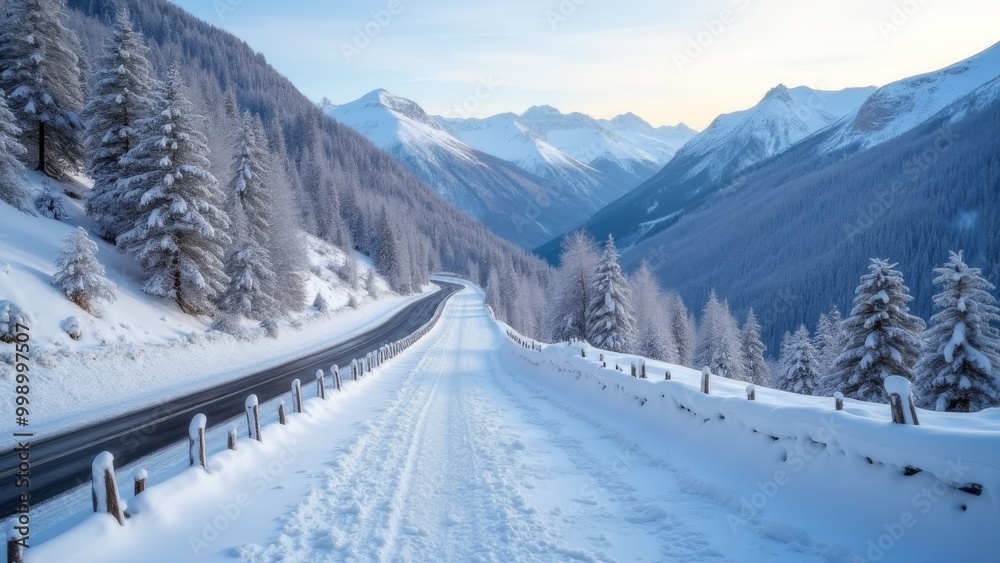 Obraz premium Generative AI, a road in the middle of a snowy mountain range with trees and snow covered mountains in the background and a train track running through the middle, winter, a matte painting, superflat 