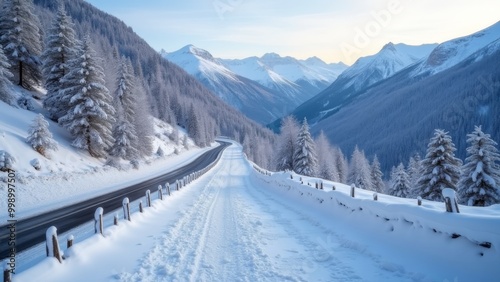 Generative AI, a road in the middle of a snowy mountain range with trees and snow covered mountains in the background and a train track running through the middle, winter, a matte painting, superflat 