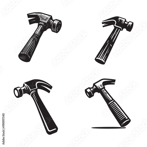 Black and White Hammer Silhouette Vector Set, Simple Hammer Silhouettes