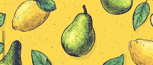 Seamless Hand-Drawn Avocado, Lemon, and Pear Pattern on Pastel Yellow