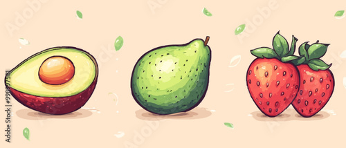 Cartoonish Hand-Drawn Avocado, Apple, and Strawberry Pattern on Pastel Peach