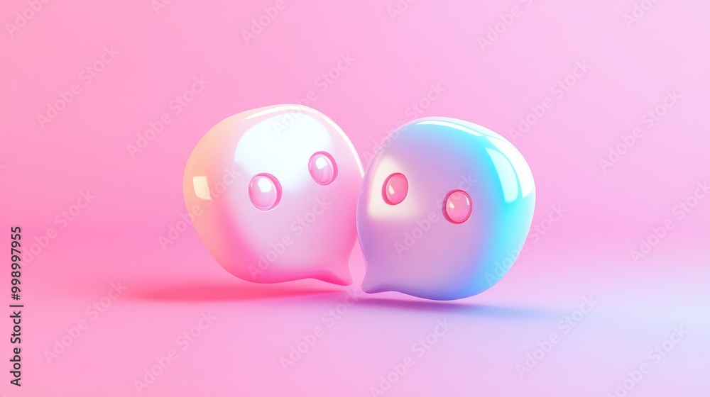 Two 3D chat bubbles in pink and blue on a pink background, one with a light pink and the other with a light blue color. Two 3D chat bubbles in pink and blue on a pink background, one with a light pink and the other with a light blue color.