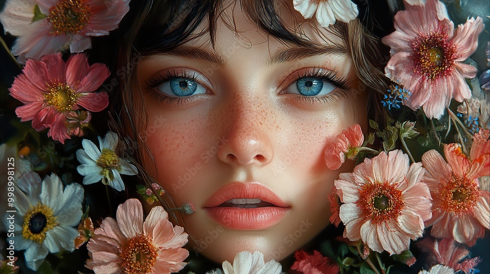 Close-Up Portrait of a Woman with Flowers Close-Up Portrait of a Woman with Flowers