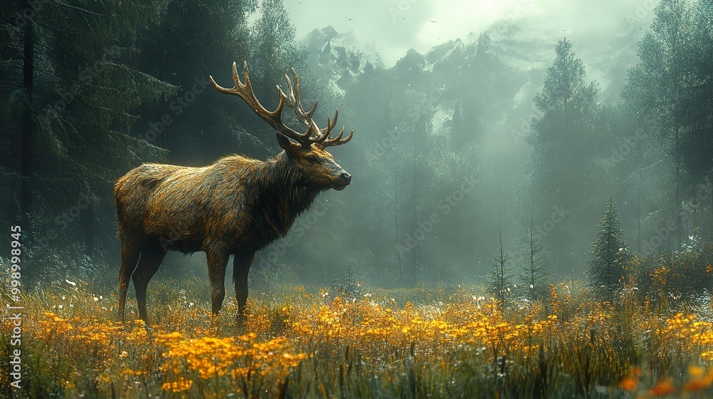 Majestic Elk in a Foggy Forest Meadow