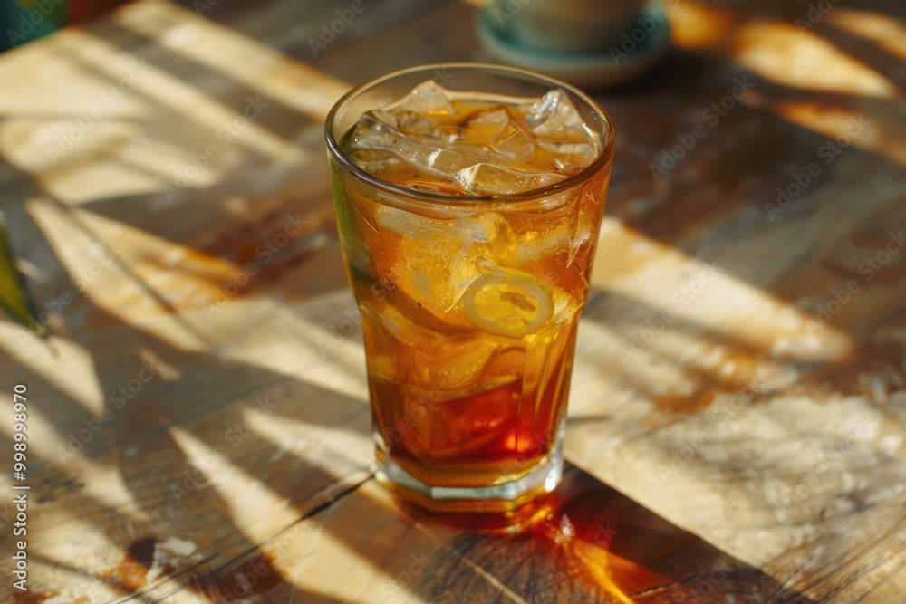 Close-up of a cold glass of iced tea and lemonade, condensation on the glass, garnished with fresh lemon slices and mint leaves, ice cubes floating inside, golden sunlight reflecting through the glass Close-up of a cold glass of iced tea and lemonade, condensation on the glass, garnished with fresh lemon slices and mint leaves, ice cubes floating inside, golden sunlight reflecting through the glass