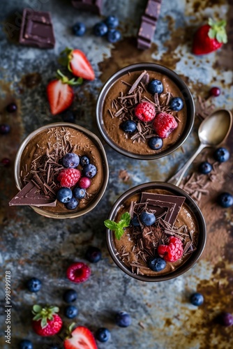 Three bowls of chocolate mousse with berries and dark chocolate on a rustic background photo