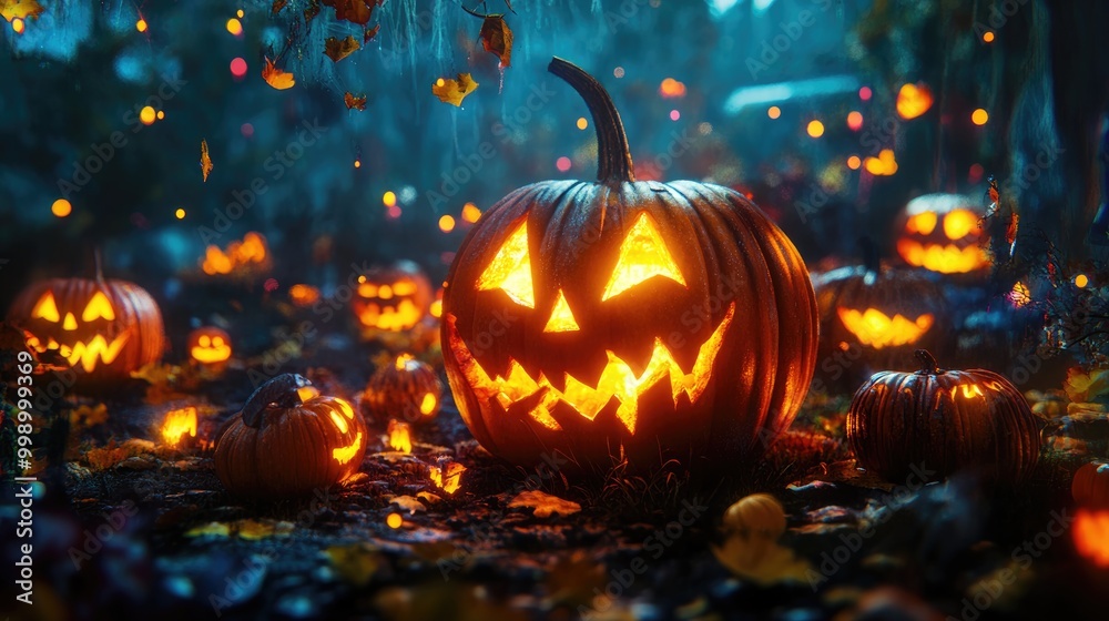 Fototapeta premium Autumn festival with illuminated carved pumpkins and jack o lanterns