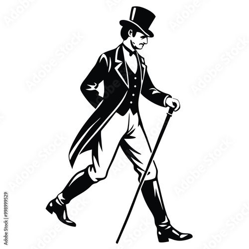 a man in a top hat and suit. He is walking with a cane in his right hand and his left hand is resting on his chin 