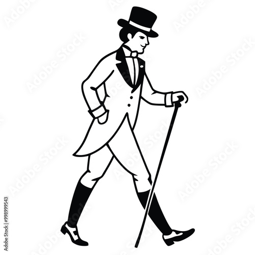 a man in a top hat and suit. He is walking with a cane in his right hand and his left hand is resting on his chin 