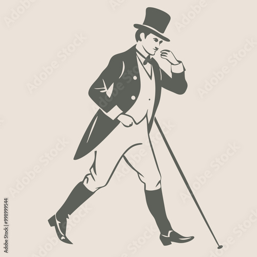 a man in a top hat and suit. He is walking with a cane in his right hand and his left hand is resting on his chin 