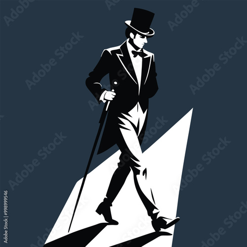 a man in a top hat and suit. He is walking with a cane in his right hand and his left hand is resting on his chin 