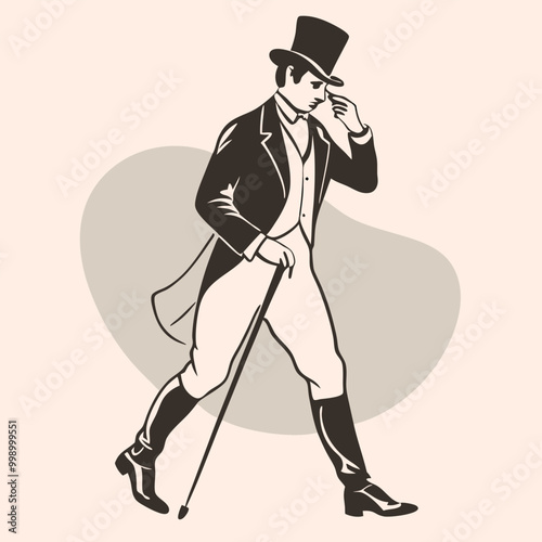 a man in a top hat and suit. He is walking with a cane in his right hand and his left hand is resting on his chin 