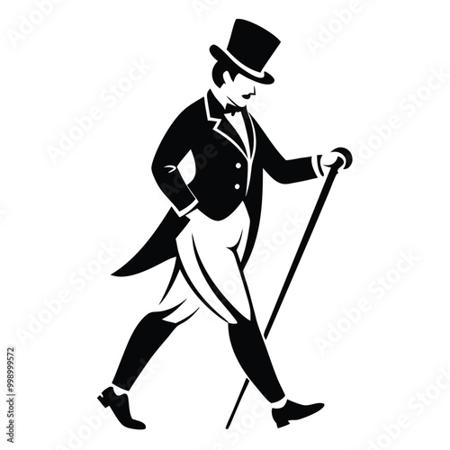a man in a top hat and suit. He is walking with a cane in his right hand and his left hand is resting on his chin 