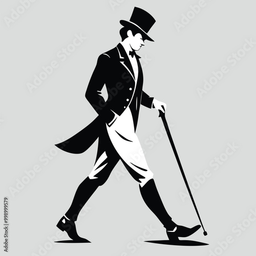 a man in a top hat and suit. He is walking with a cane in his right hand and his left hand is resting on his chin 
