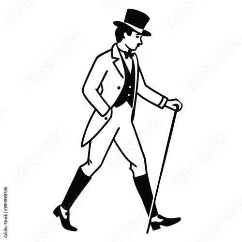 a man in a top hat and suit. He is walking with a cane in his right hand and his left hand is resting on his chin 