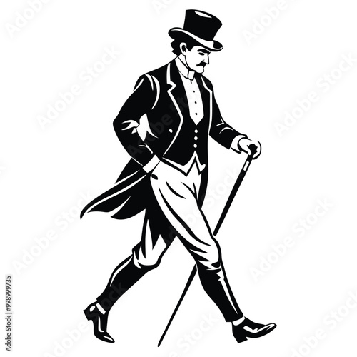 a man in a top hat and suit. He is walking with a cane in his right hand and his left hand is resting on his chin 