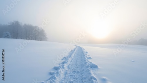 Generative AI, a snow covered road with a line of trees in the background and a sun setting in the distance behind it, winter, a matte painting, postminimalism