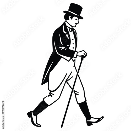 a man in a top hat and suit. He is walking with a cane in his right hand and his left hand is resting on his chin 