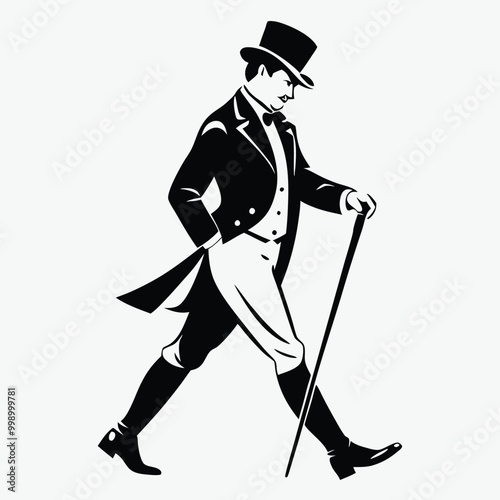 a man in a top hat and suit. He is walking with a cane in his right hand and his left hand is resting on his chin 