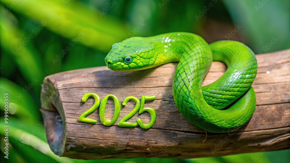 Obraz premium A vibrant green wooden snake coils on a log inscribed with 2025 amidst lush greenery in a natural setting