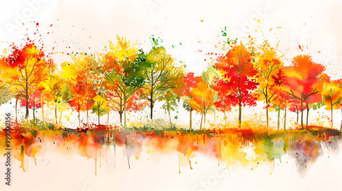 Watercolor painting colorful autumn background. Abstract drawing forest with red yellow orange and fire colors trees in fall season. Art illustration landscape for background.