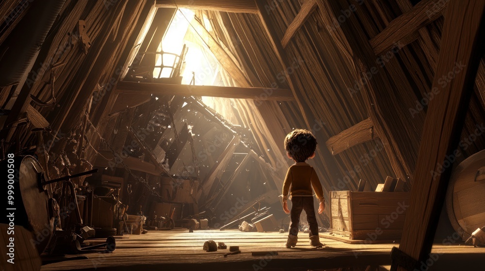 Boy Standing in a Dusty Attic with Sunlight Streaming Through a Hole in the Roof Boy Standing in a Dusty Attic with Sunlight Streaming Through a Hole in the Roof