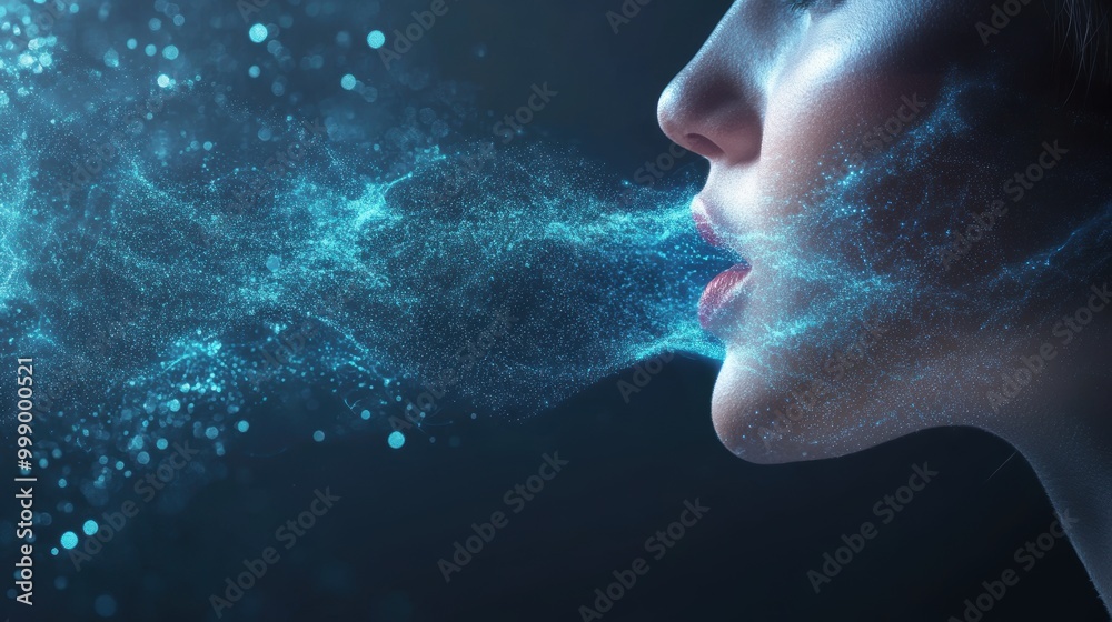 Fototapeta premium Woman blowing blue glitter particles on dark background.