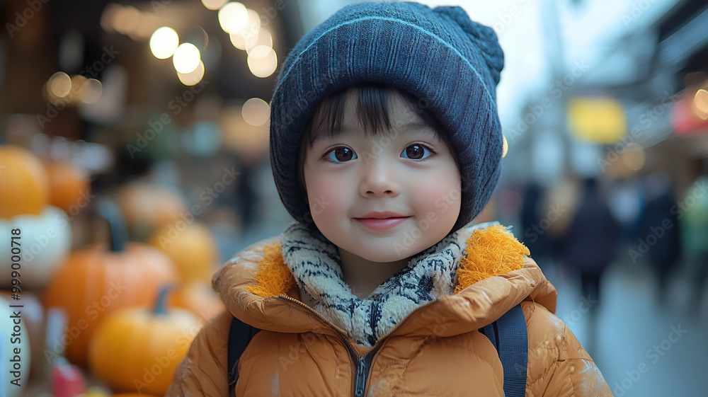 Japanese child dressed as a Halloween pumpkin Japanese child dressed as a Halloween pumpkin