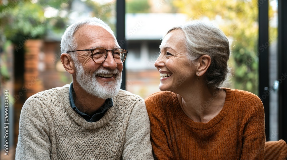 Elderly couple smiling at each other in a cozy outdoor setting. Elderly couple smiling at each other in a cozy outdoor setting.