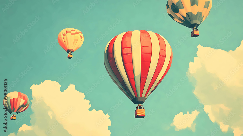Obraz premium Colorful hot air balloons against a blue sky with white clouds.