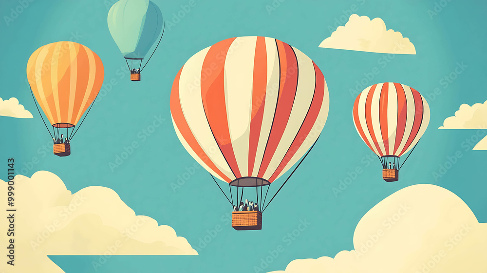 Naklejka premium Retro illustration of hot air balloons flying in the sky.