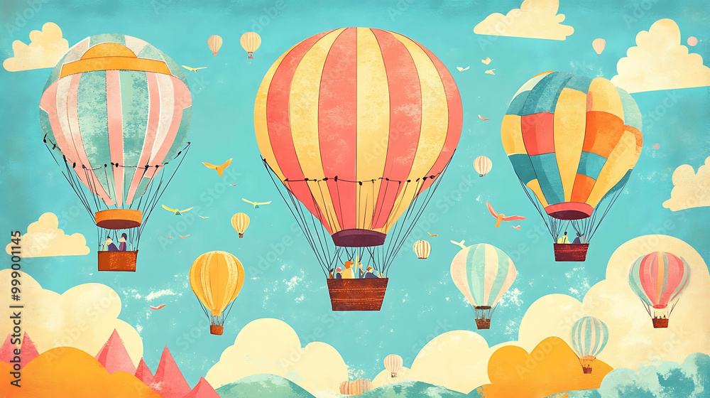 Fototapeta premium Colorful hot air balloons flying in the sky with clouds and mountains in the background.