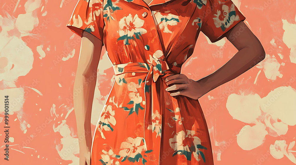 Naklejka premium Woman wearing orange floral dress, standing with hand on hip.